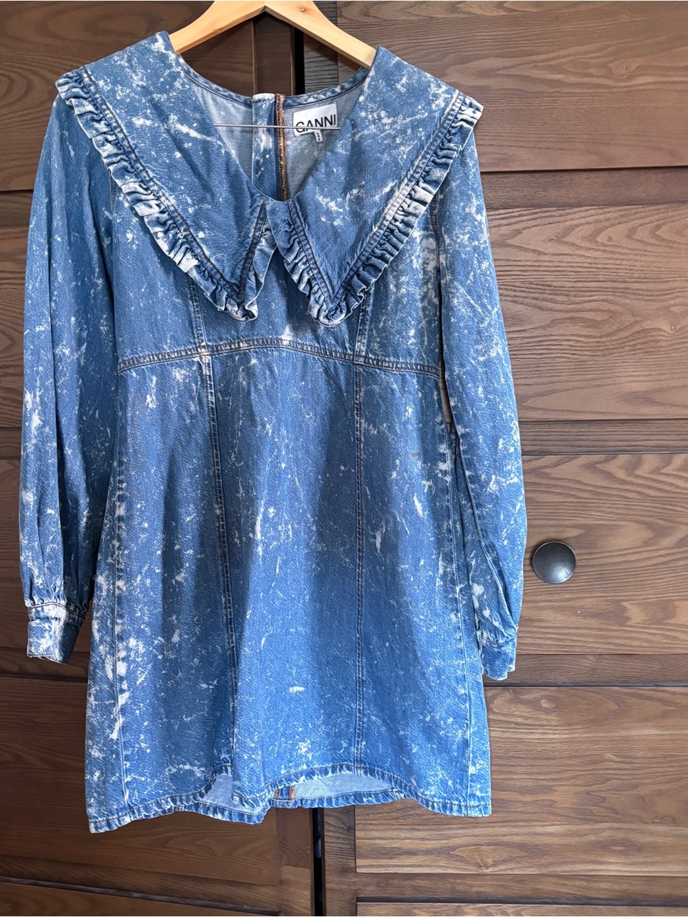 Ganni Blue Acid-Wash Denim Dress with Ruffle Collar